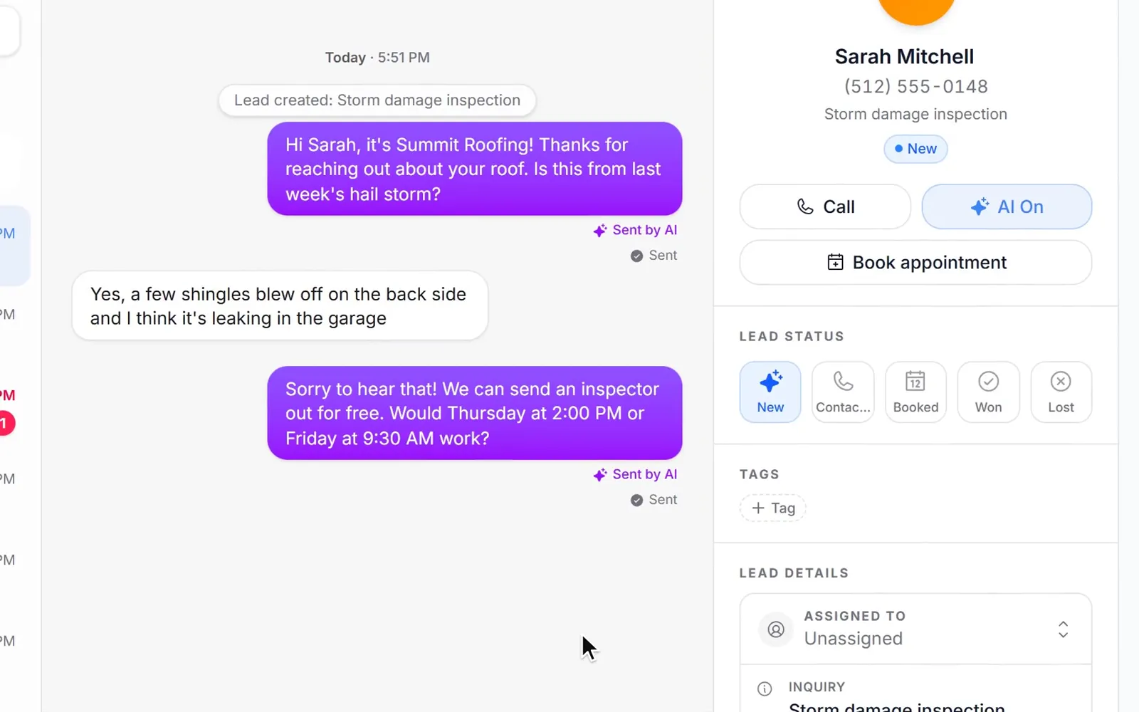 A new lead from a Facebook ad gets a text from the AI within seconds, answers, and is booked for Thursday at 2:00 PM.