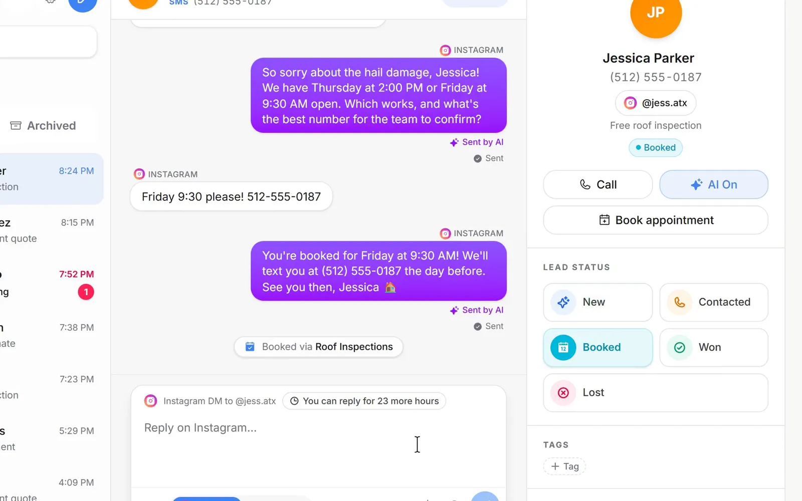 Summit Roofing's “Free inspection” comment rule answers a test comment, “inspect please!”, with a public reply and a DM carrying a Book inspection button; Recent comments shows a DM sent for every comment; in the Inbox, Jessica's Instagram DM gets AI replies that book her free roof inspection for Friday at 9:30 AM.