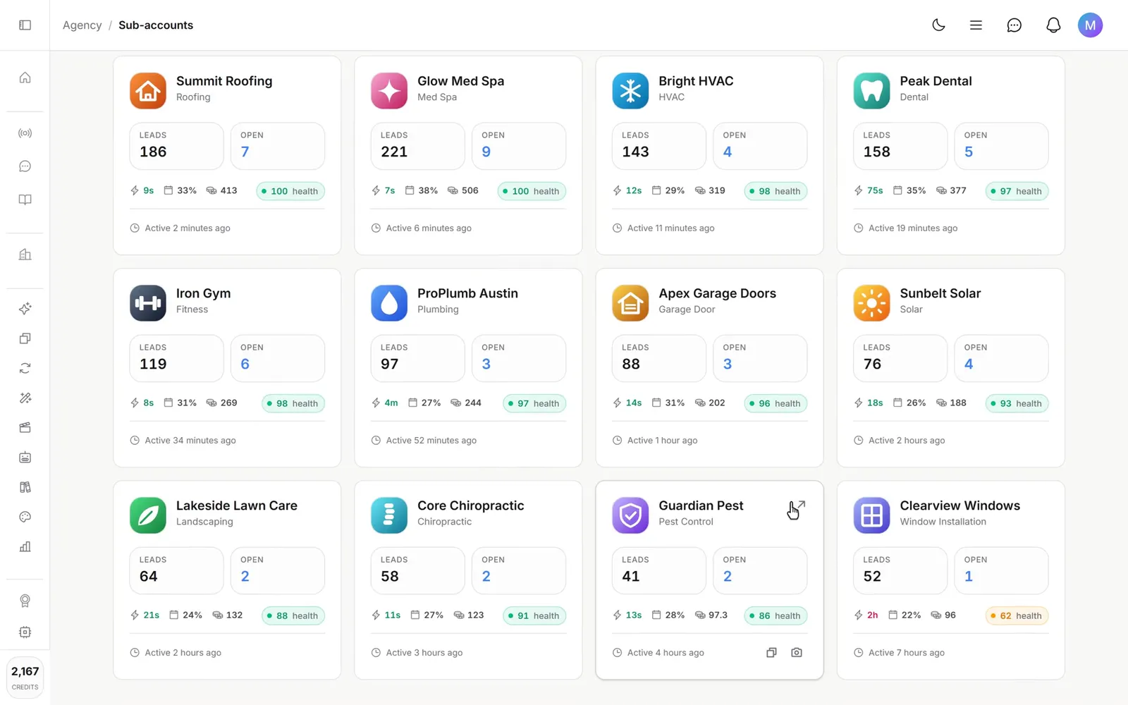 An agency's Sub-accounts page shows 12 local-business clients with their leads, speed to lead and health scores, starts a new client from a saved snapshot, searches for Summit Roofing and opens its CRM.