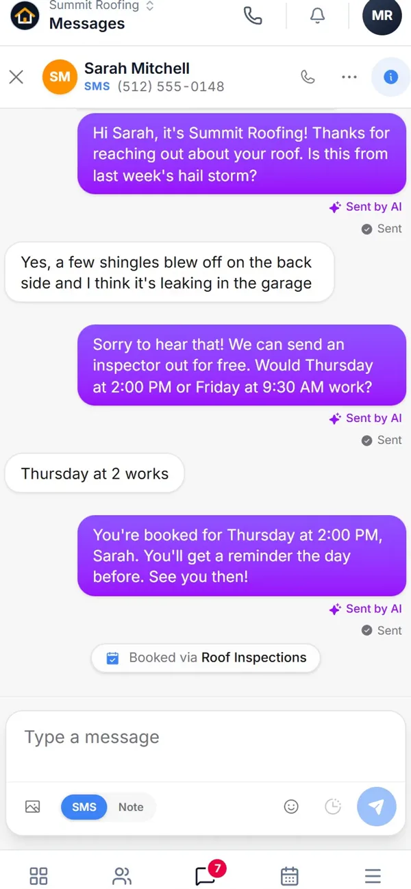 On Summit Roofing's own phone app, the owner checks his numbers, gets a new-lead alert for Sarah Mitchell, opens it to find the AI already texting her, and she's booked for Thursday at 2:00 PM.